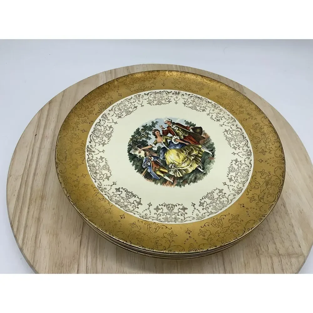 Vintage Sabin Crest-O-Gold Dinner Plates Set 4 Gold Courting Couple Rococo USA‎